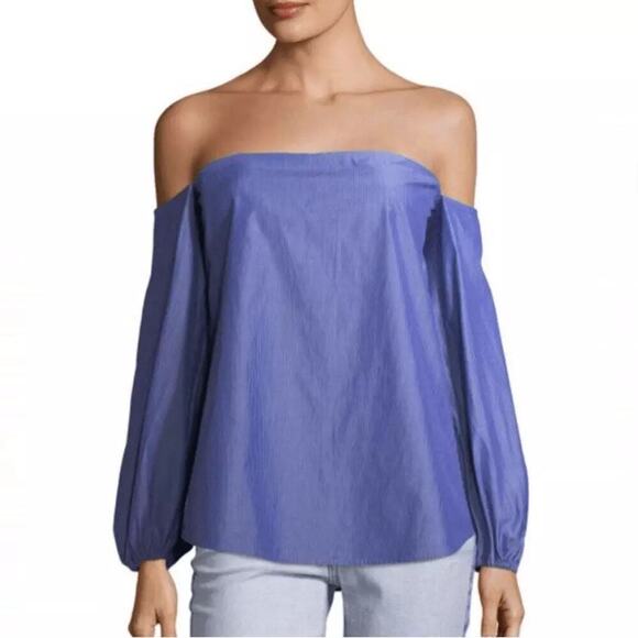 Theory Laureema Off the Shoulder Poplin Top Blue Amherst Stripe Size 6 NWT - Picture 1 of 5